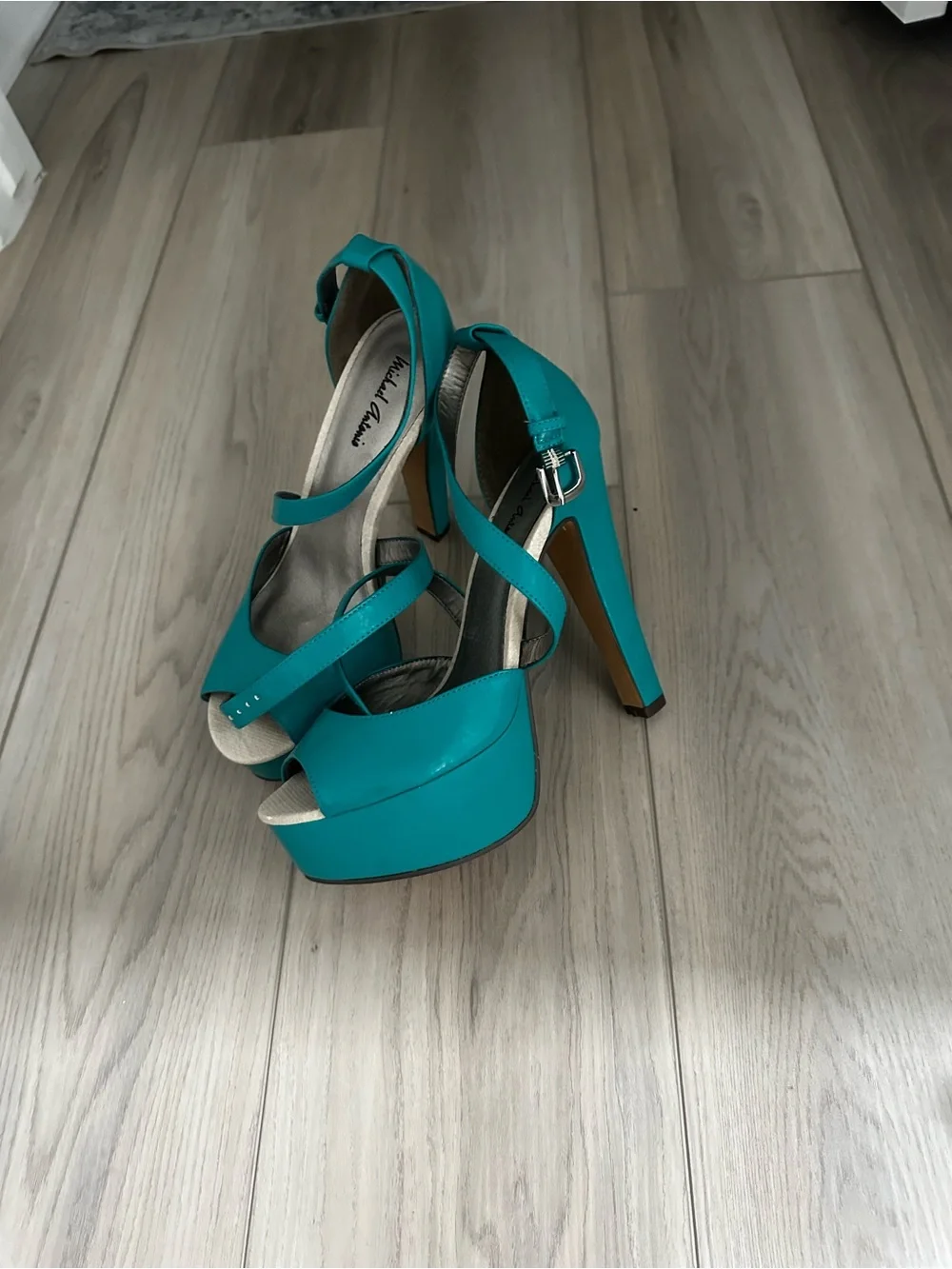 Anne Michelle Teal Patent Platform Peep-Toe Ankle Strap Heels